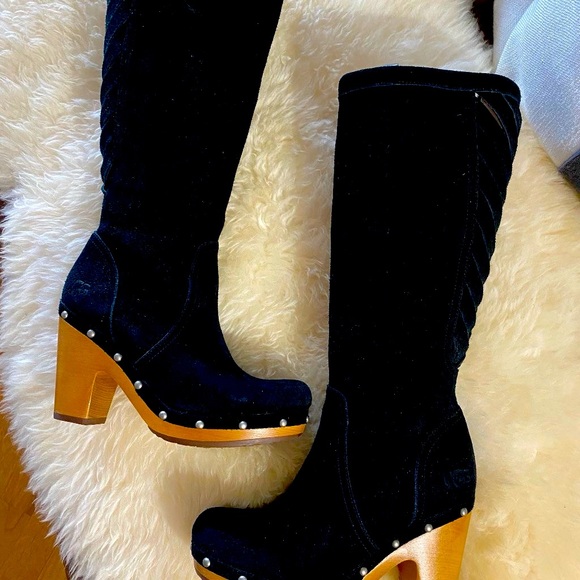UGG Shoes - UGG RUMER TALL Black SUEDE WOODEN HEEL BOOTS SZ 9- Ret $395!